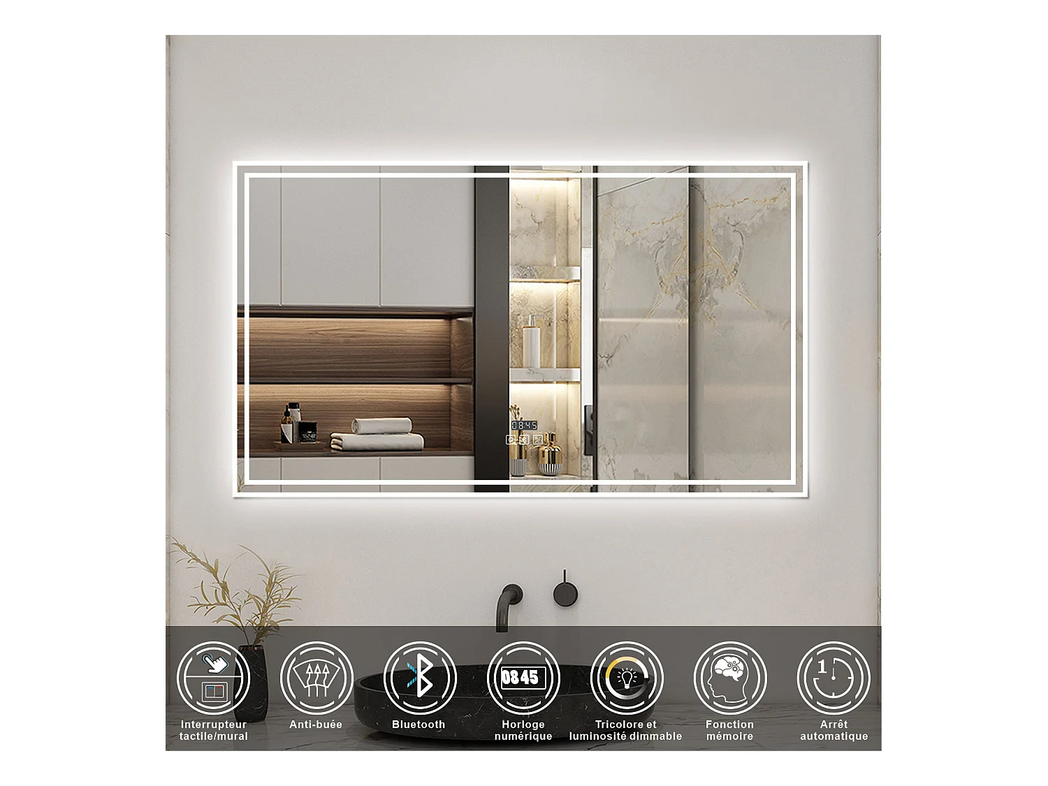 AICA Miroir Bluetooth 120x70cm LED 3 Colours + Dimmable + Horloge + Mémoire + Anti-Buée, IP44 HD Verre Miroir-Mural