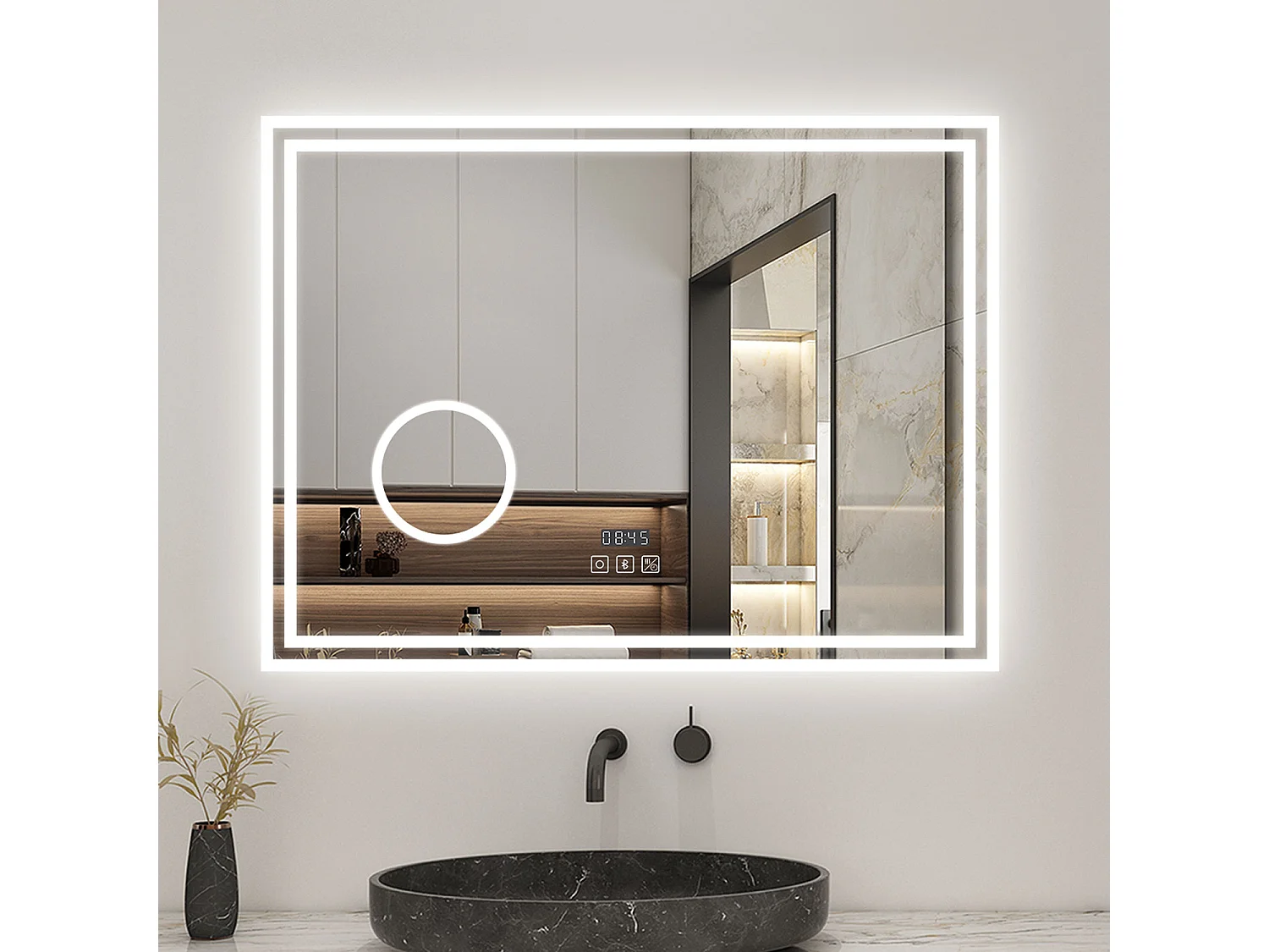 AICA Miroir LED 100x60cm 3 colours + Dimmable + 3x Loupe + Bluetooth + Horloge + Mémoire + Anti-Buée