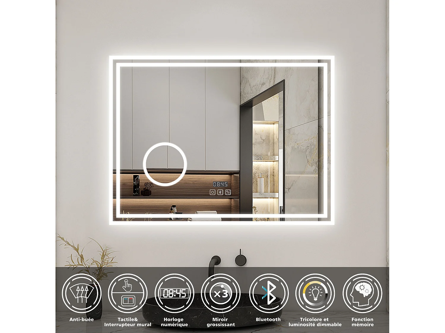 AICA Miroir LED 100x60cm 3 colours + Dimmable + 3x Loupe + Bluetooth + Horloge + Mémoire + Anti-Buée