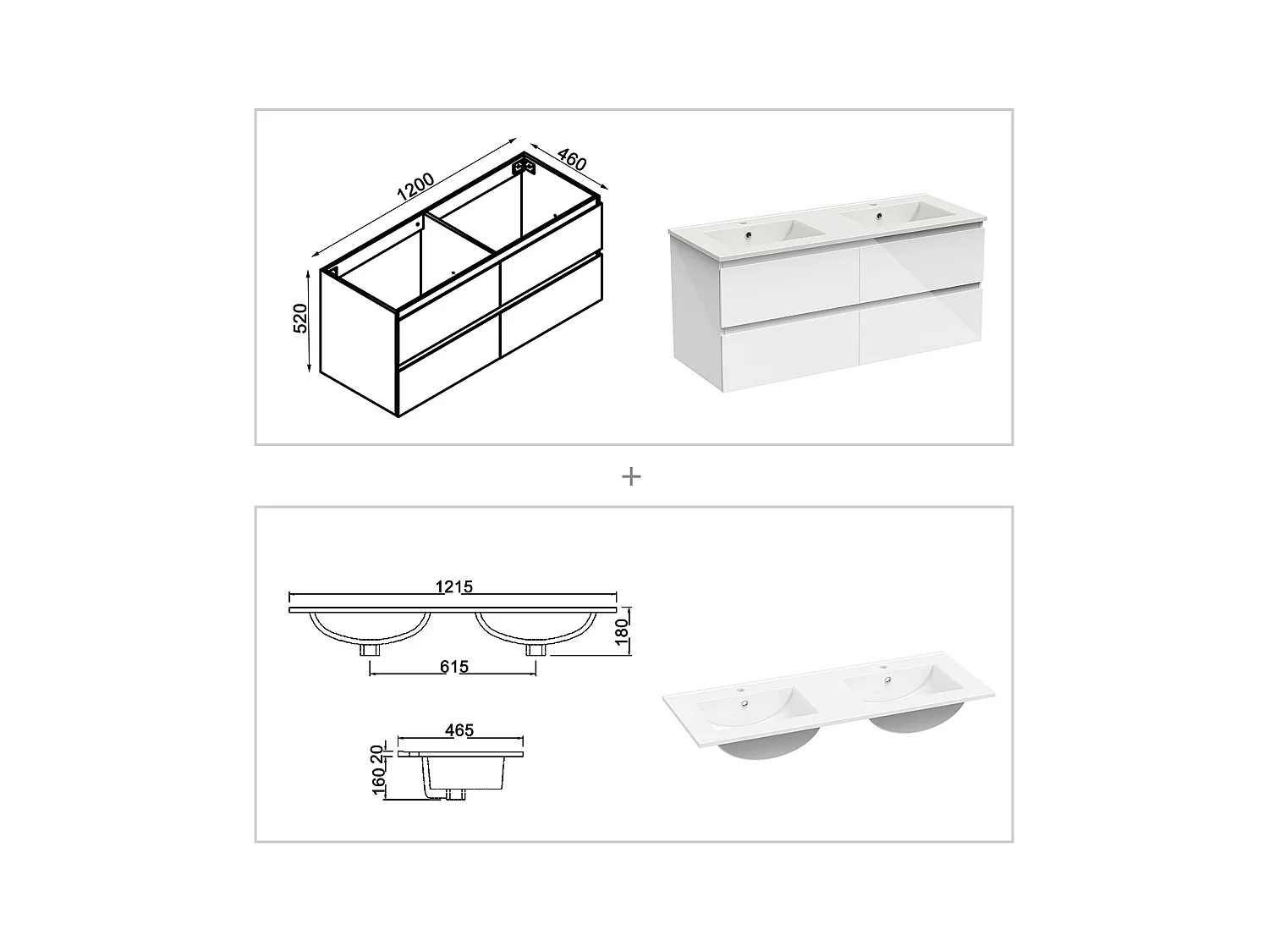 AICA Ensemble de meubles de salle de bain 120cm avec double vasque , Brillance, Blanc