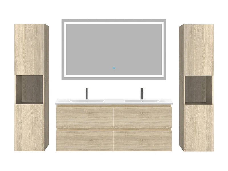 AICA Ensemble de meubles de salle de bain 120cm avec vasque céramique + deux meubles hauts + miroir lumineux,Suspendu,Matte,Chêne