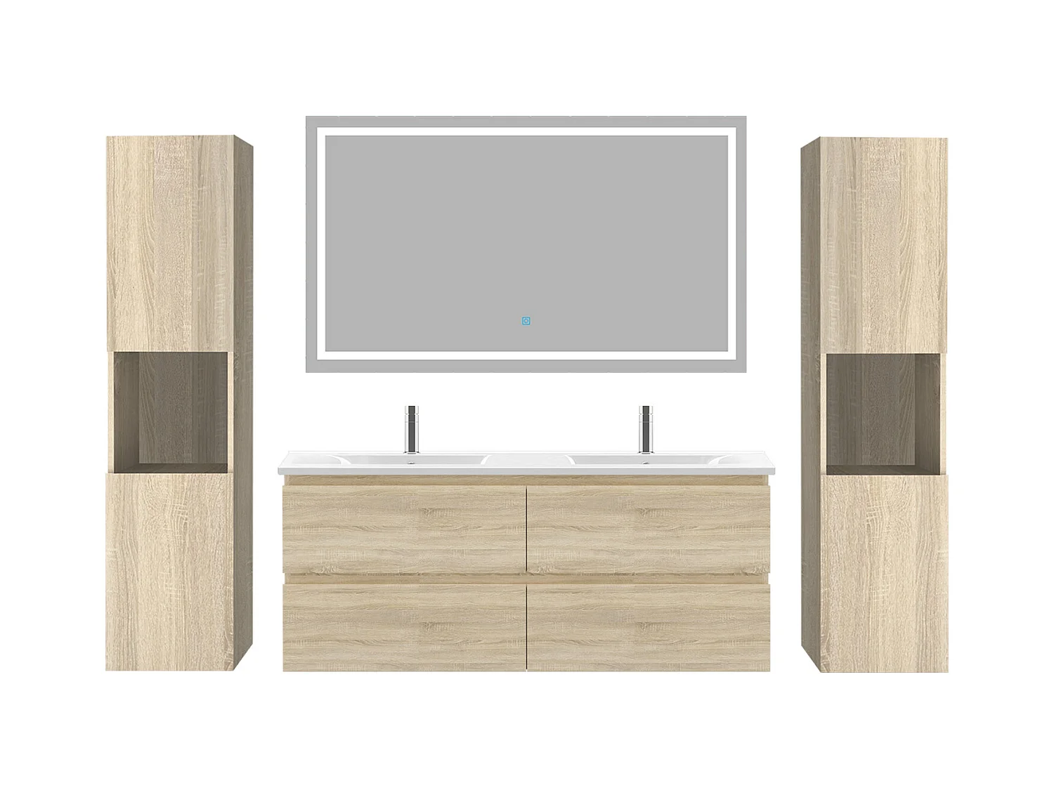 AICA Ensemble de meubles de salle de bain 120cm avec vasque céramique + deux meubles hauts + miroir lumineux,Suspendu,Matte,Chêne