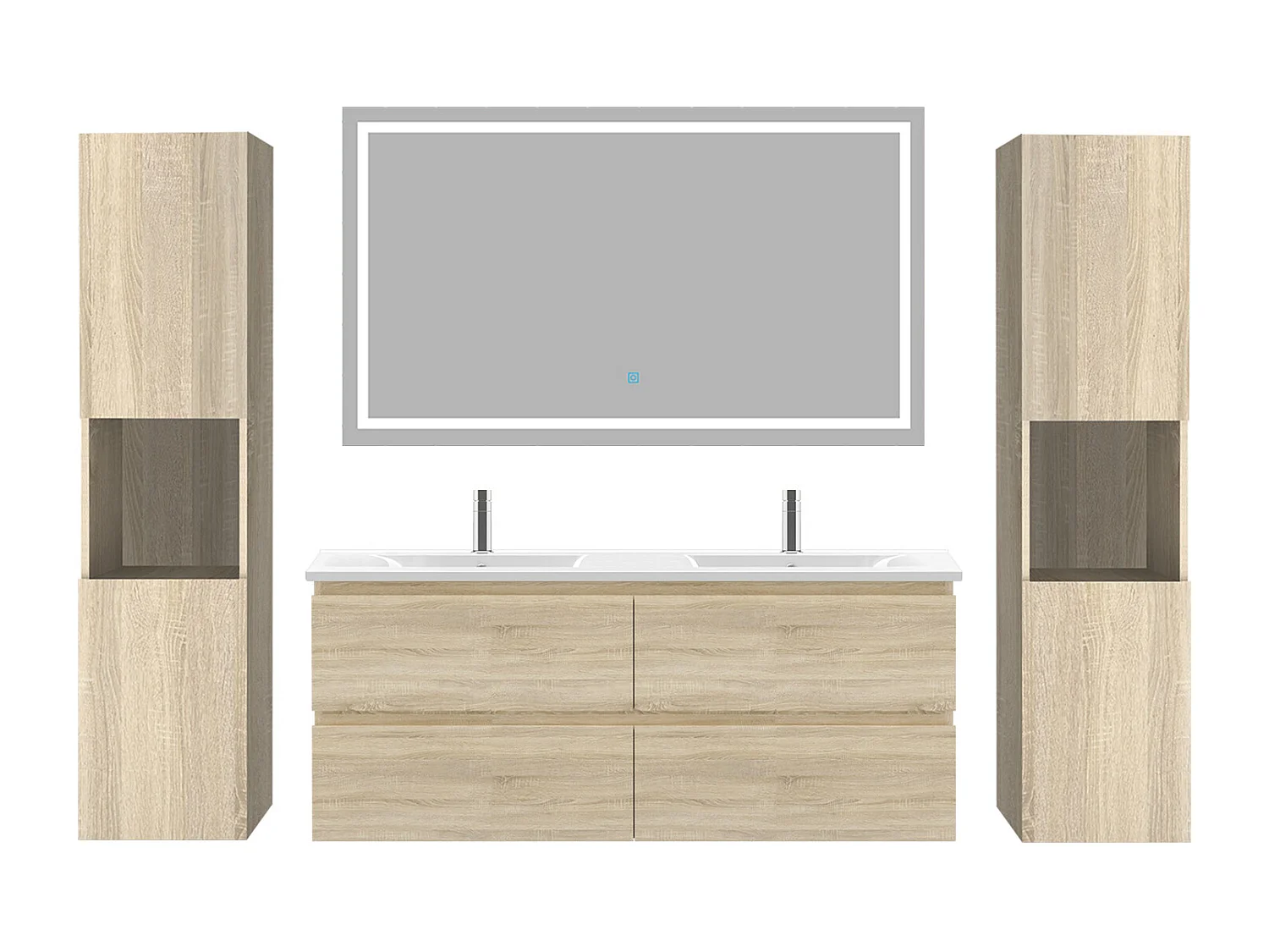 AICA Ensemble de meubles de salle de bain 120cm avec vasque céramique + deux meubles hauts + miroir lumineux,Suspendu,Matte,Chêne