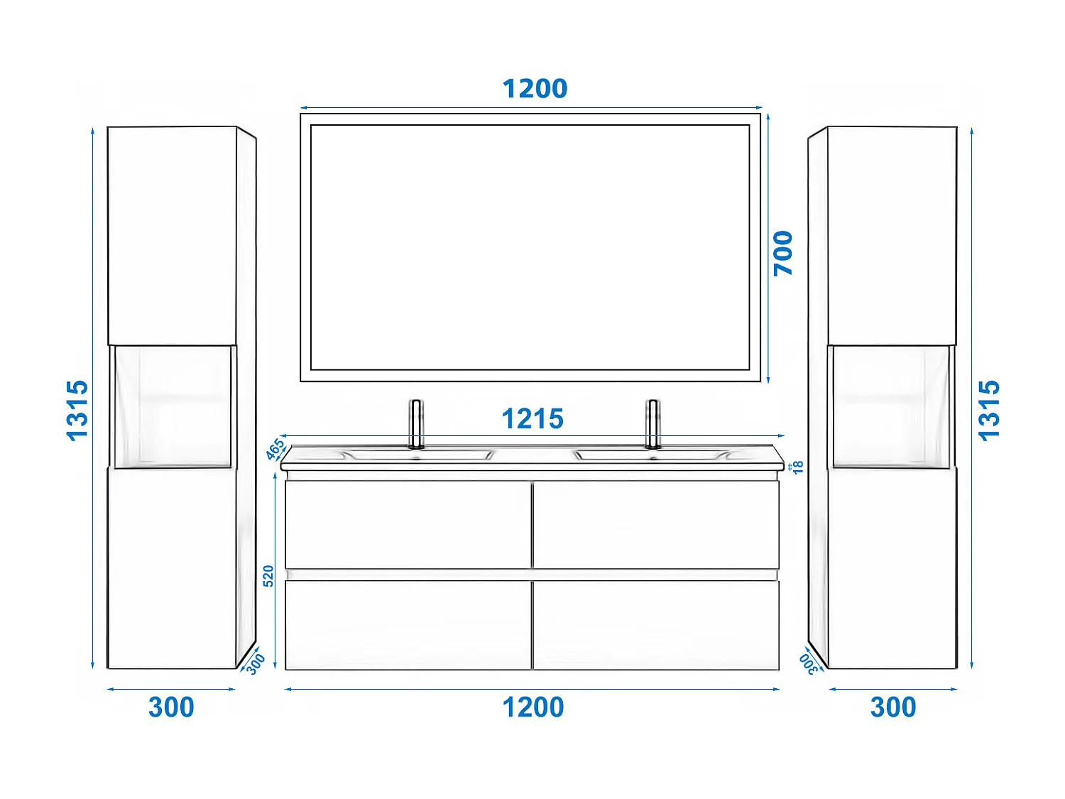 AICA Ensemble de meubles de salle de bain 120cm avec vasque céramique + deux meubles hauts + miroir lumineux,Suspendu,Matte,Chêne