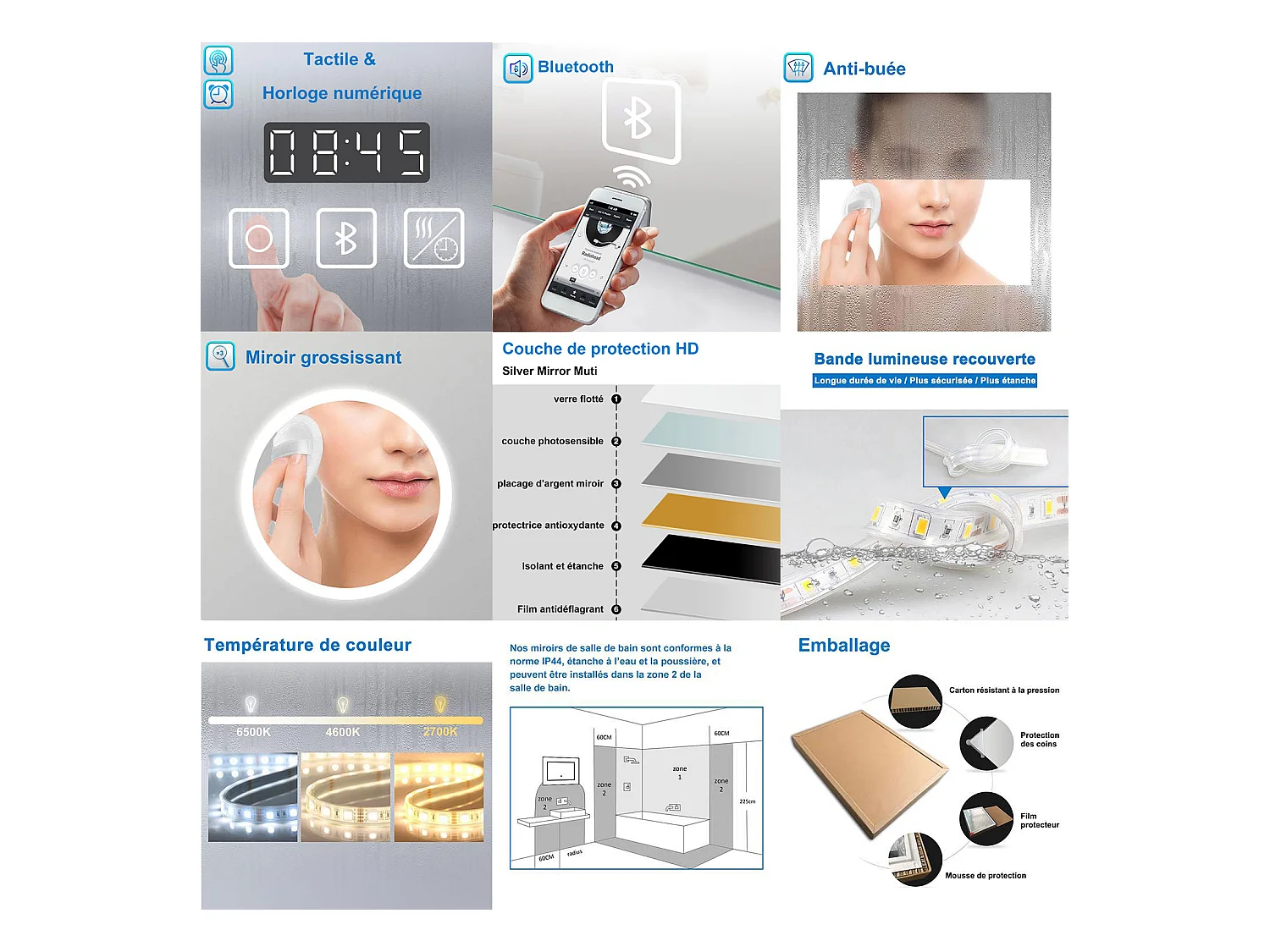 AICA Miroir 80x60cm LED Tricolore + Dimmable + 3x Loupe + Bluetooth + Horloge + Mémoire + Anti-Buée