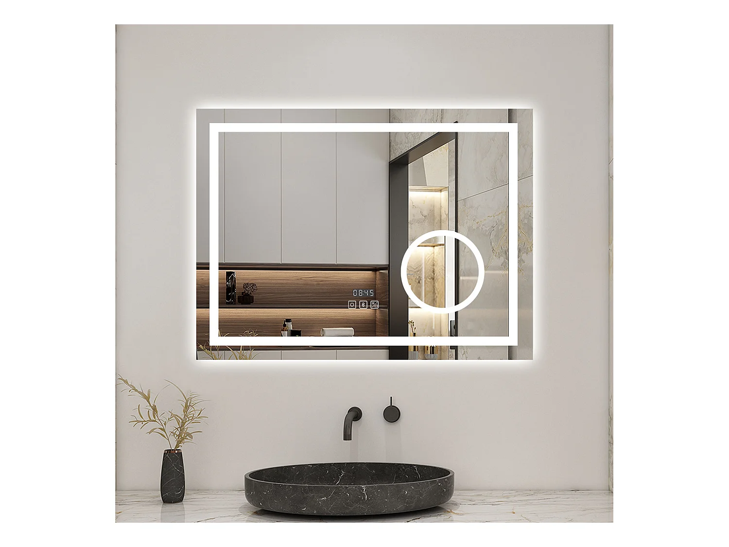AICA Miroir 80x60cm LED Tricolore + Dimmable + 3x Loupe + Bluetooth + Horloge + Mémoire + Anti-Buée