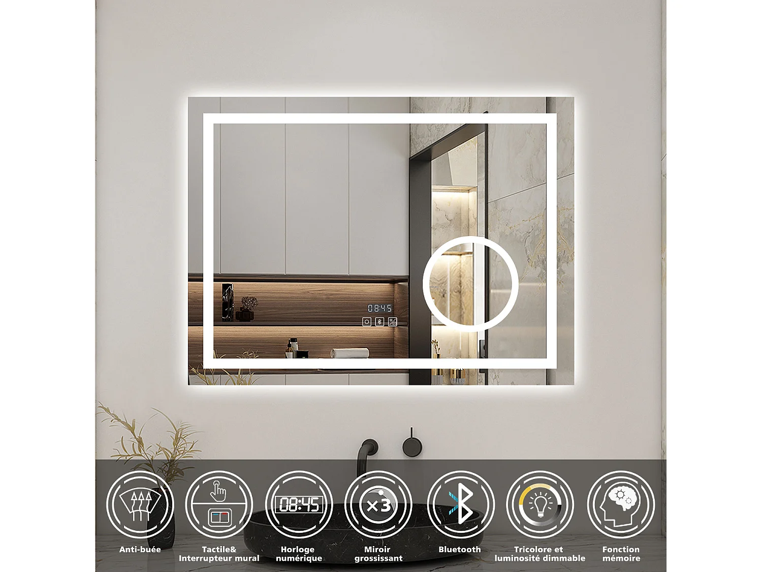 AICA Miroir 80x60cm LED Tricolore + Dimmable + 3x Loupe + Bluetooth + Horloge + Mémoire + Anti-Buée