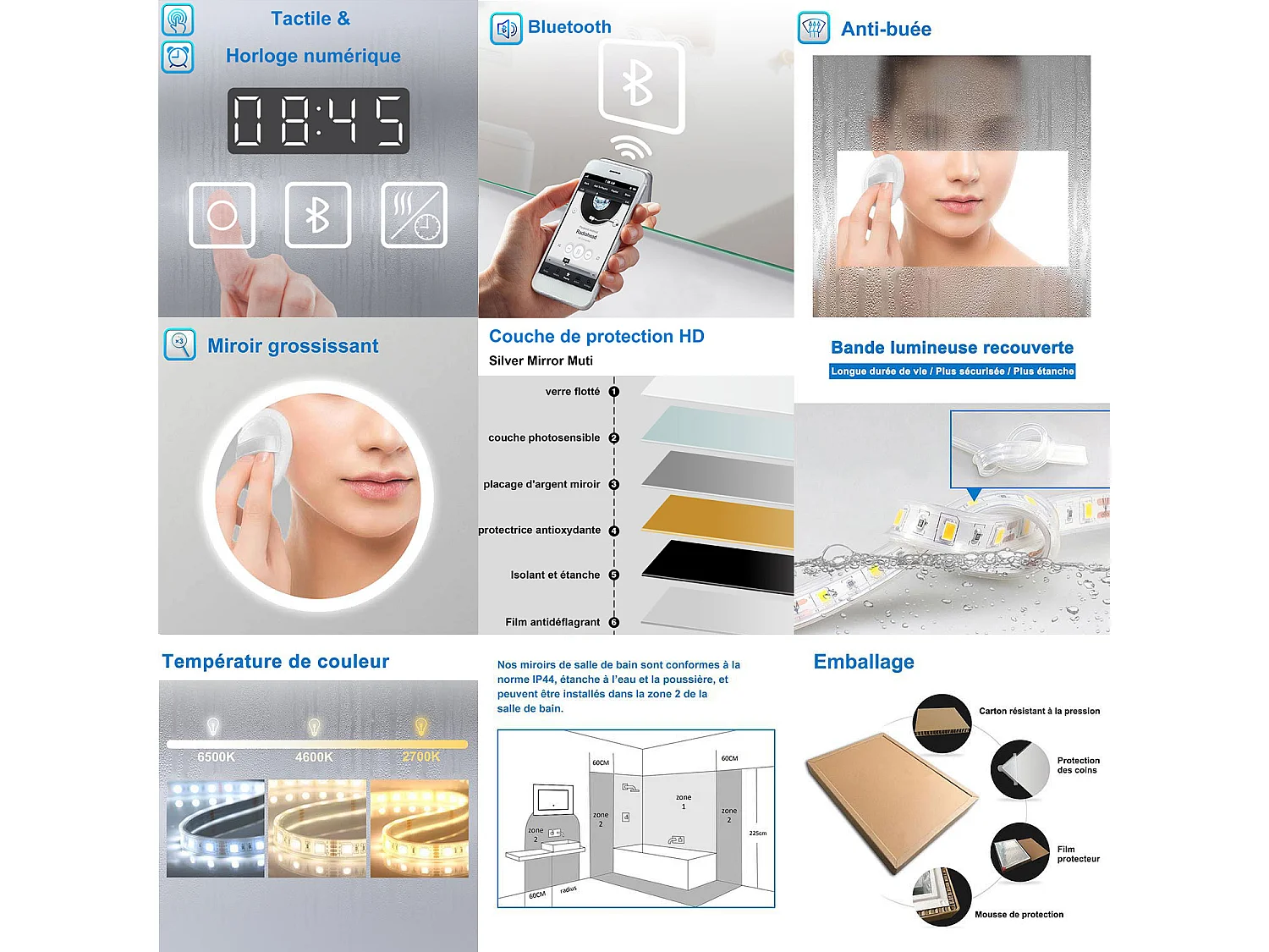 AICA Miroir 80x60cm LED Tricolore + Dimmable + 3x Loupe + Bluetooth + Horloge + Mémoire + Anti-Buée