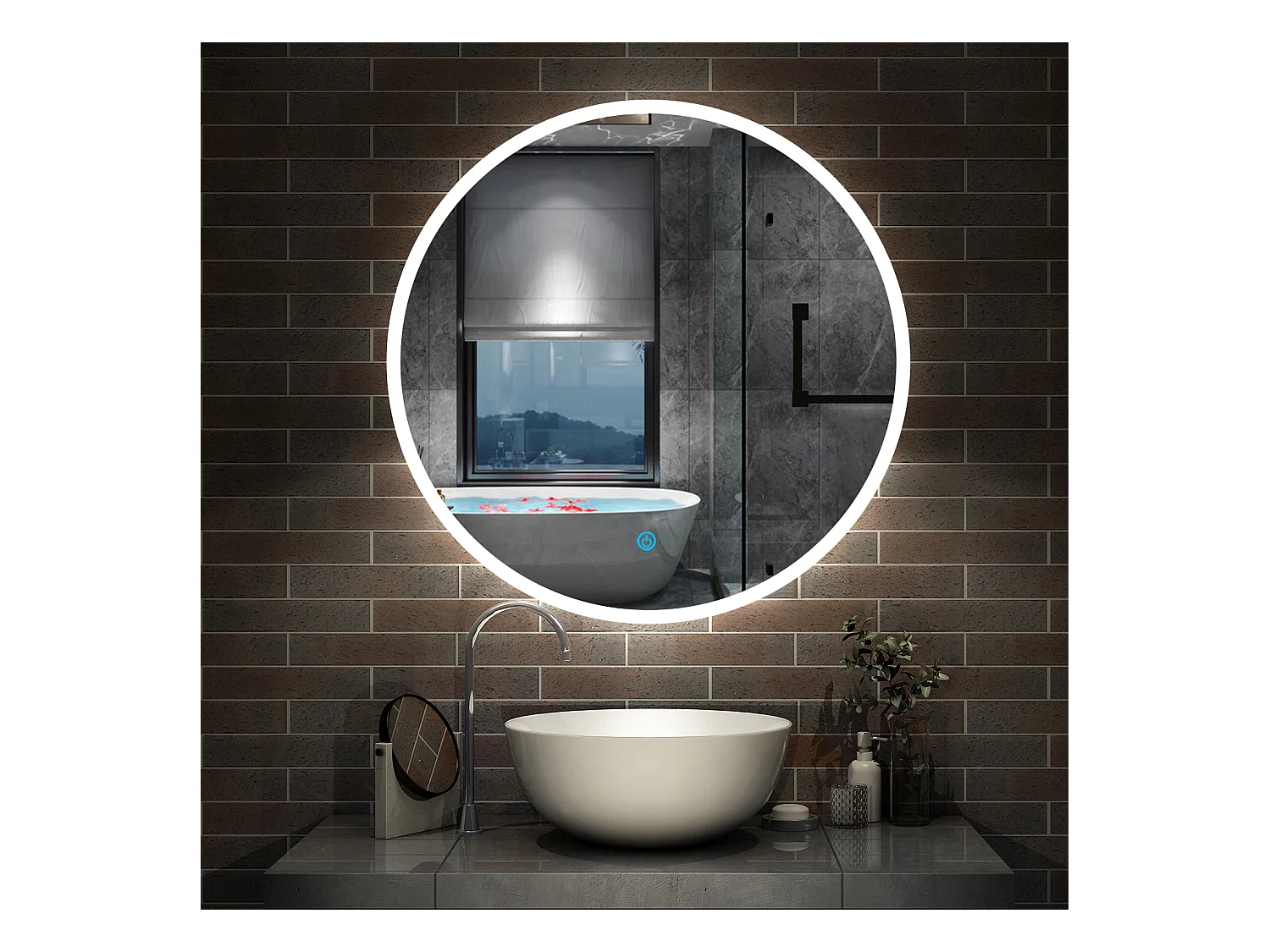 AICA Miroir avec Éclairage Rond 90cm  Anti-buée, Dimmable, Mémoire, Arrêt automatique, IP44 HD Verre Trempé Vertical Miroir-LED