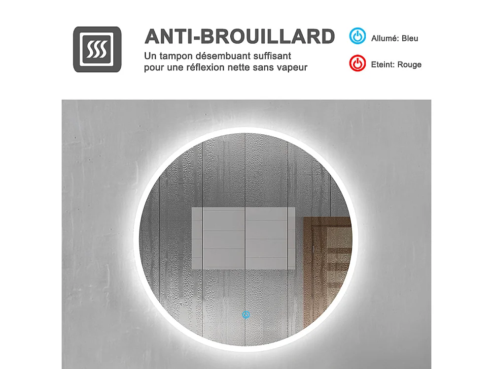 AICA Miroir avec Éclairage Rond 90cm  Anti-buée, Dimmable, Mémoire, Arrêt automatique, IP44 HD Verre Trempé Vertical Miroir-LED