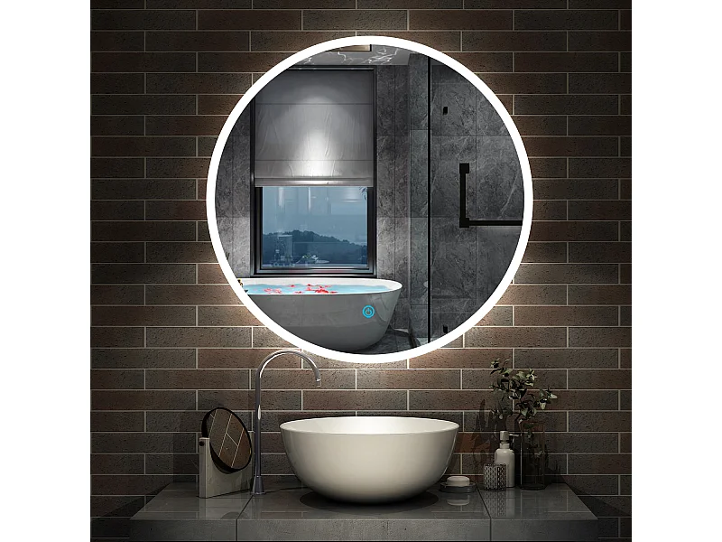 AICA Miroir avec Éclairage Rond 90cm  Anti-buée, Dimmable, Mémoire, Arrêt automatique, IP44 HD Verre Trempé Vertical Miroir-LED