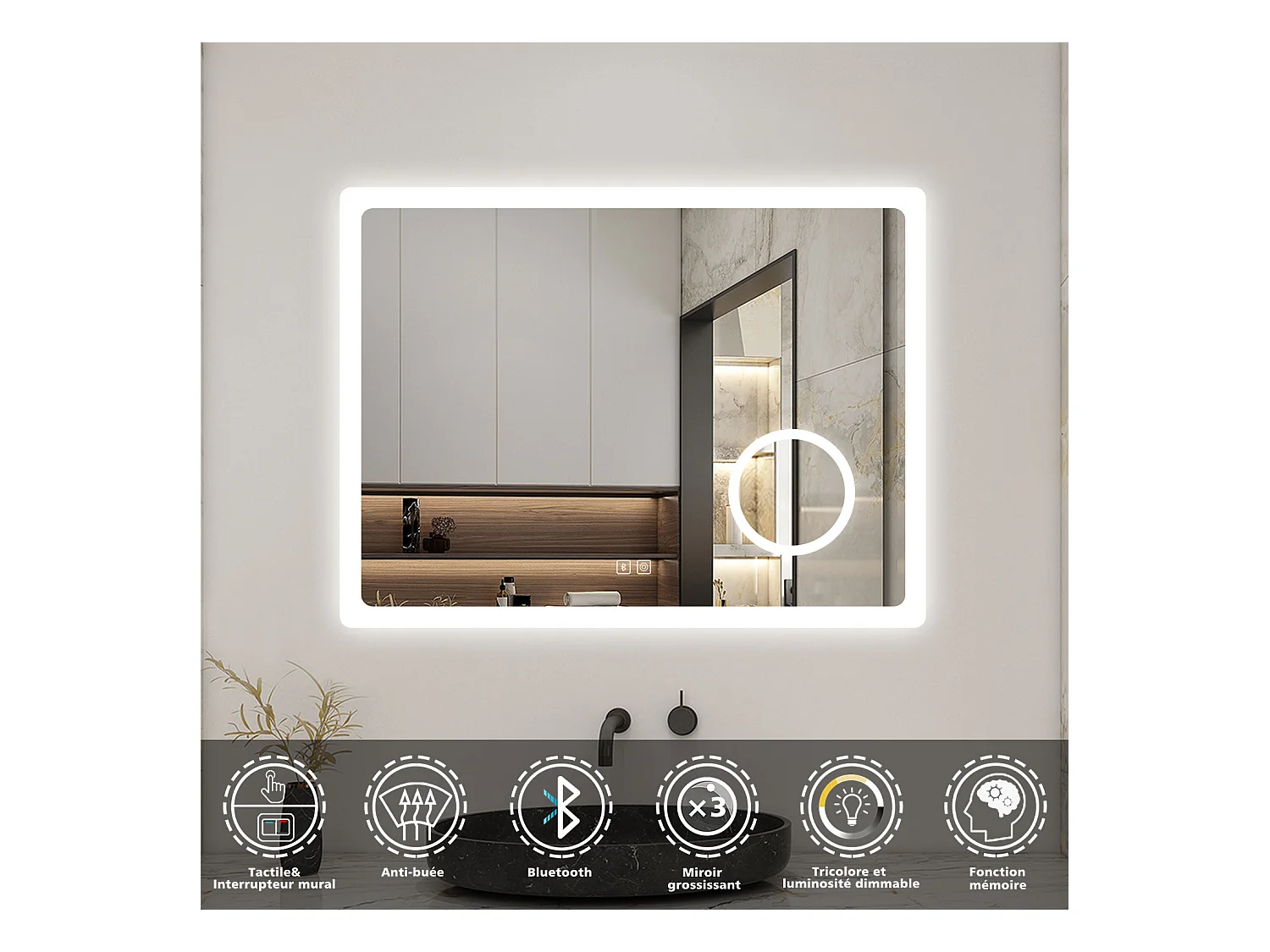AICA Miroir 100x60cm Bluetooth simple，Loupe,Dimmable avec 3 couleurs,Miroir lumineux avec Anti-Buée et Mémoire