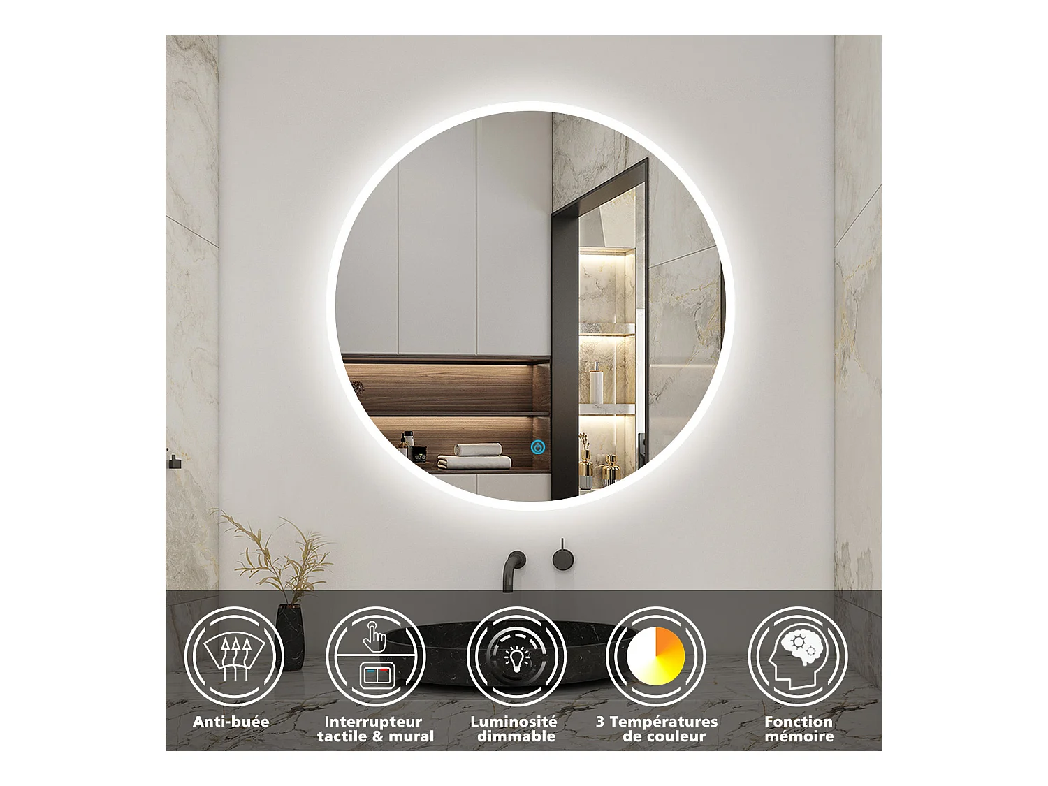 AICA Miroir Rond 80cm Dimmable avec 3 couleurs,Anti-buée, Fonction Mémoire，IP44 HD Verre Miroir-Mural