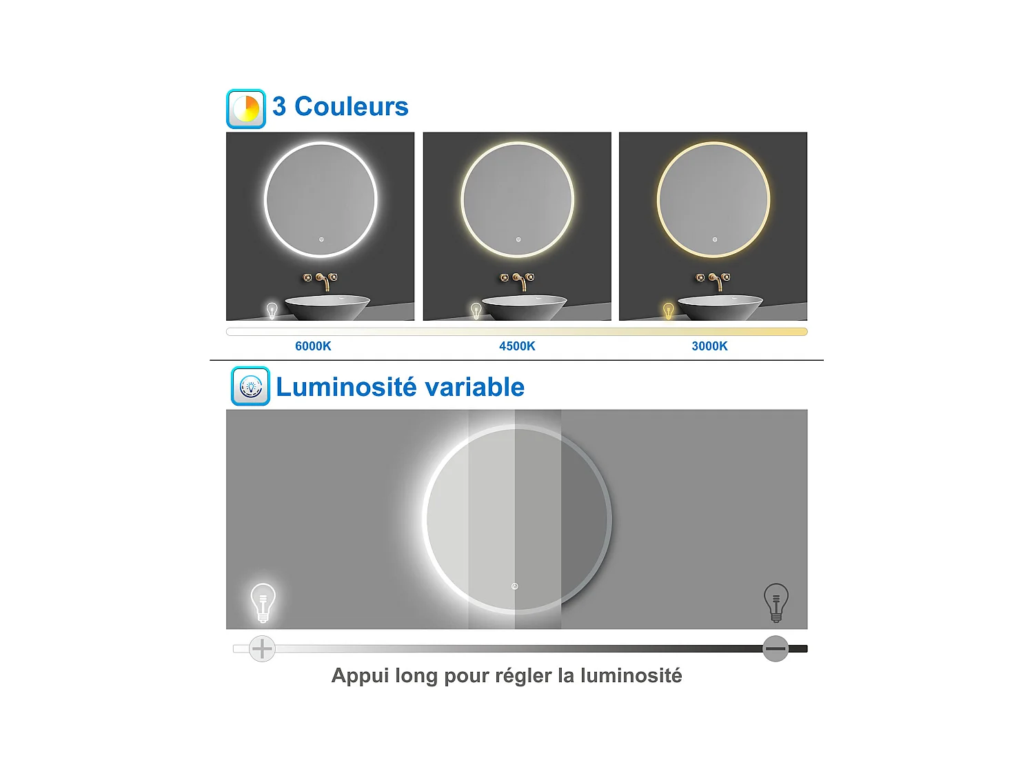 AICA Miroir Rond 80cm Dimmable avec 3 couleurs,Anti-buée, Fonction Mémoire，IP44 HD Verre Miroir-Mural