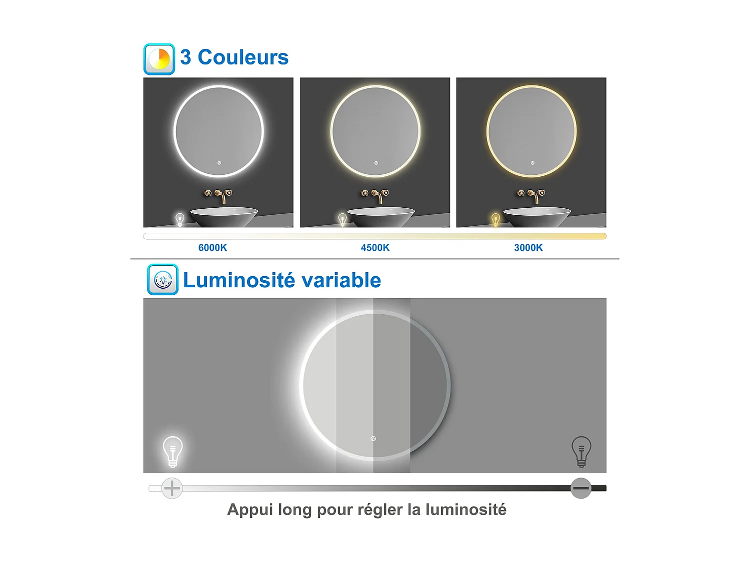 AICA Miroir Rond 80cm Dimmable avec 3 couleurs,Anti-buée, Fonction Mémoire，IP44 HD Verre Miroir-Mural