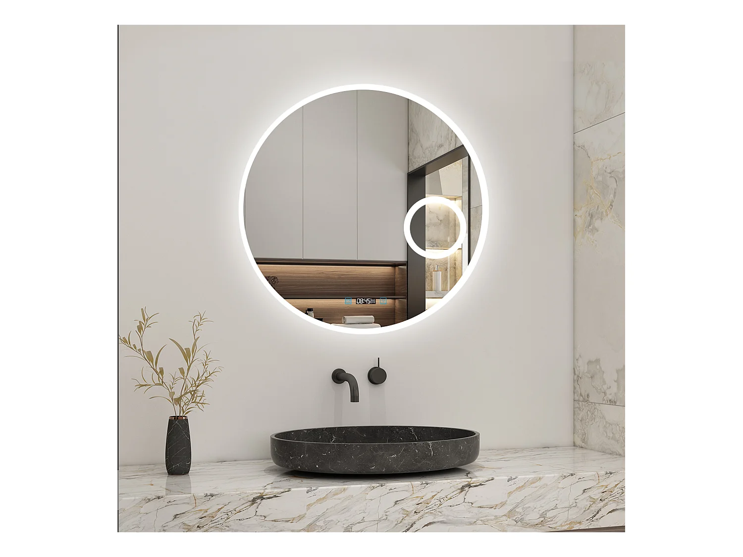 AICA Miroir LED Rond 70cm Tricolore + Dimmable + Horloge + Loupe + Fonction Mémoire + Anti-Buée