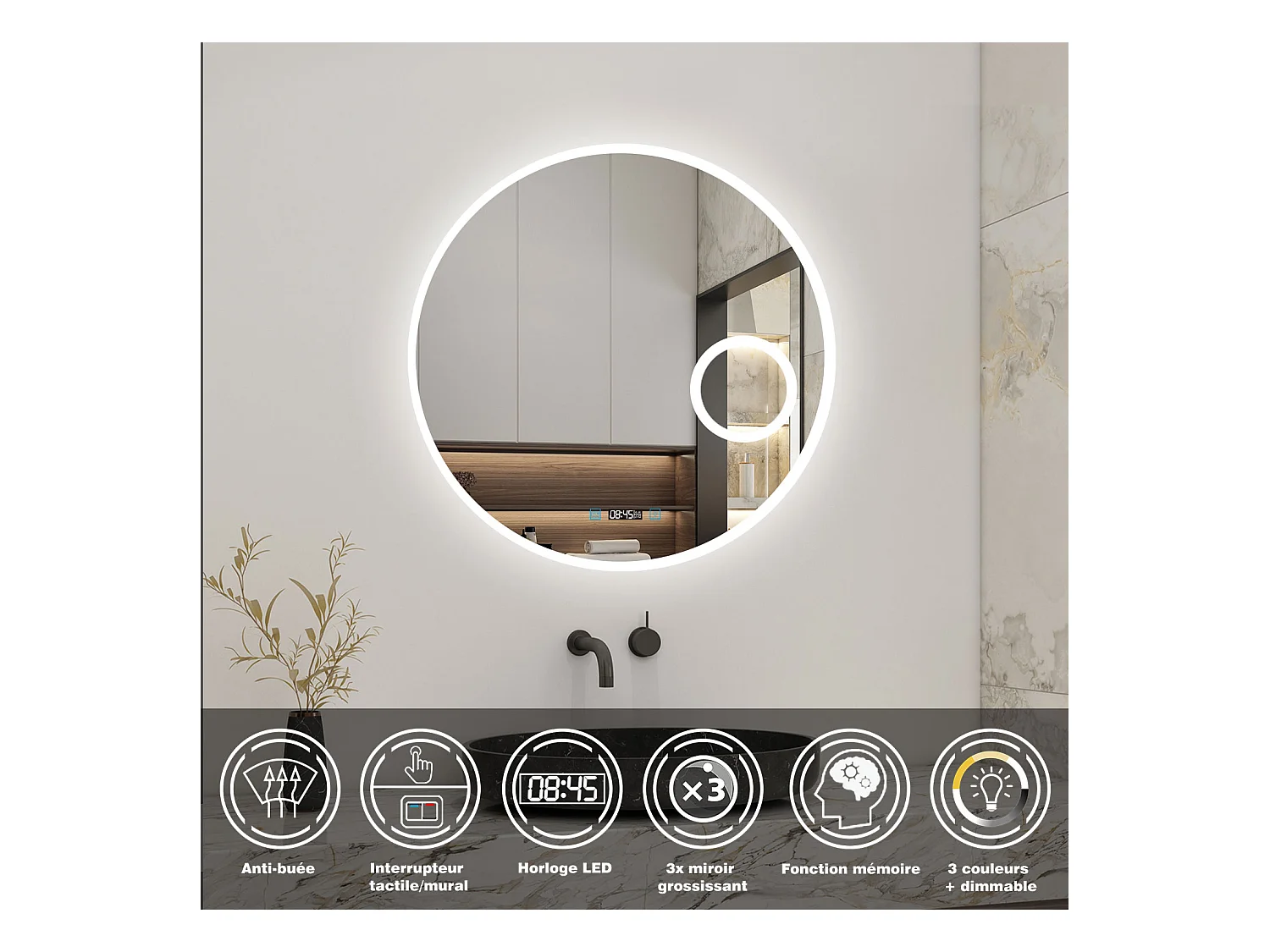AICA Miroir LED Rond 70cm Tricolore + Dimmable + Horloge + Loupe + Fonction Mémoire + Anti-Buée