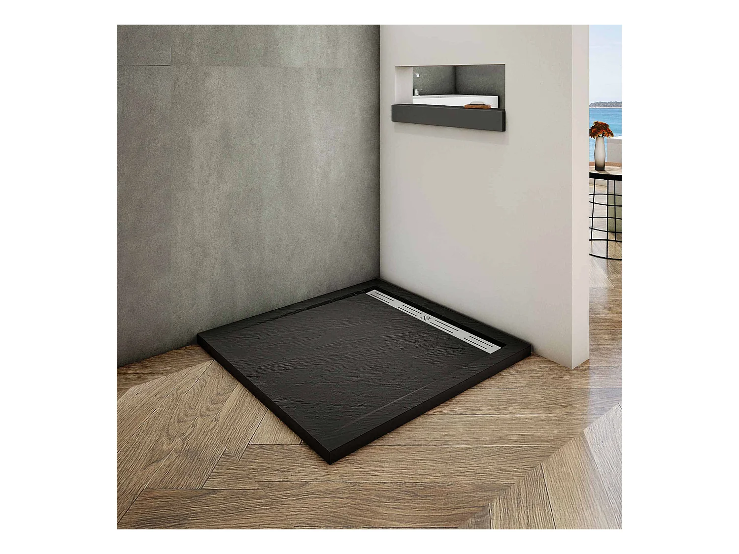 Piatto Doccia Quadrato 100x100x3cm in Pietra Vulcanica e Resina Mista Finitura Pietra Nera Ruvida Ultraslim Antiscivolo Antibatterico