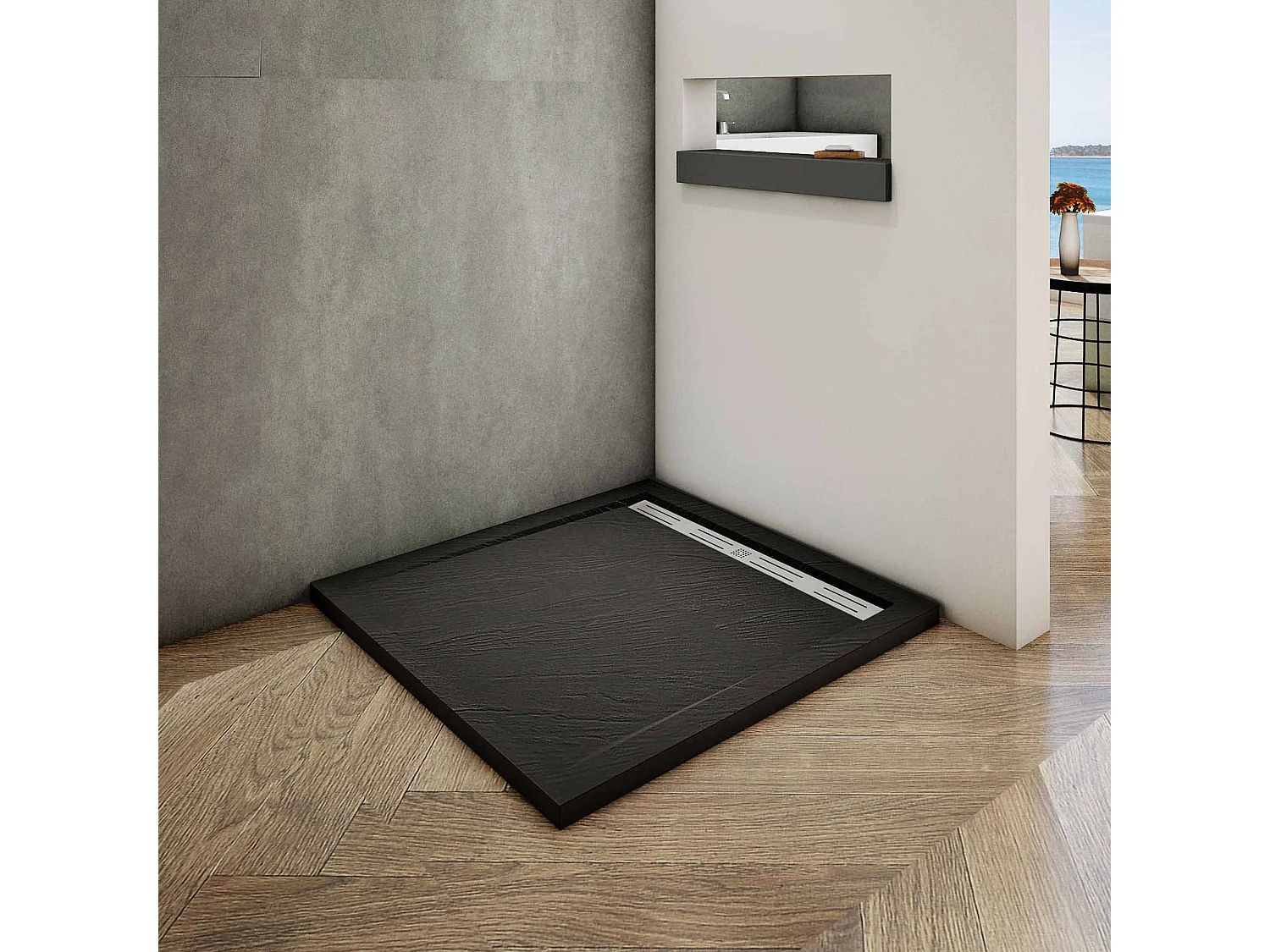 Piatto Doccia Quadrato 100x100x3cm in Pietra Vulcanica e Resina Mista Finitura Pietra Nera Ruvida Ultraslim Antiscivolo Antibatterico