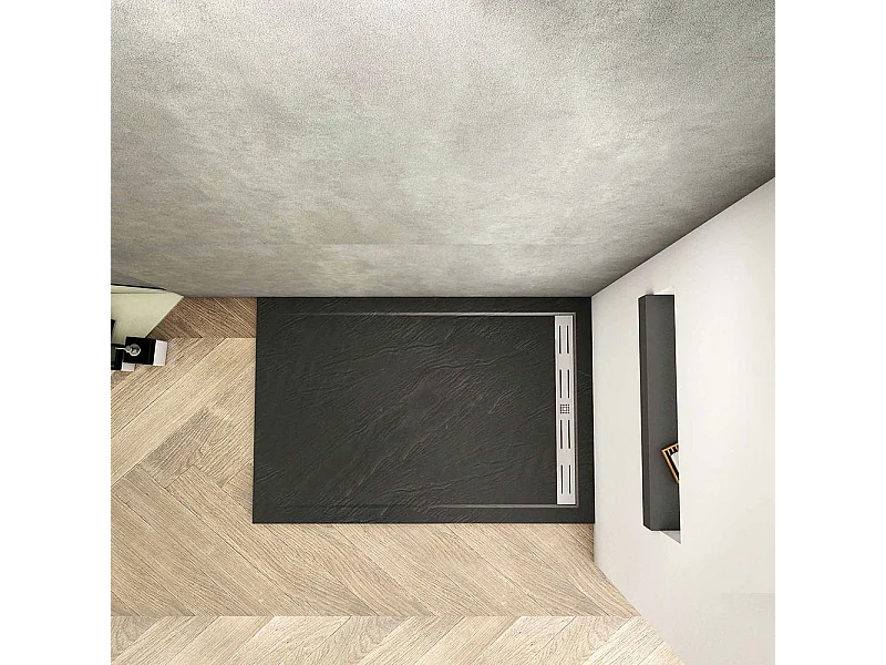 Piatto Doccia Rettangolare 70x90x3cm in Pietra Vulcanica e Resina Mista Finitura Pietra Nera Ruvida Ultraslim Antiscivolo Antibatterico