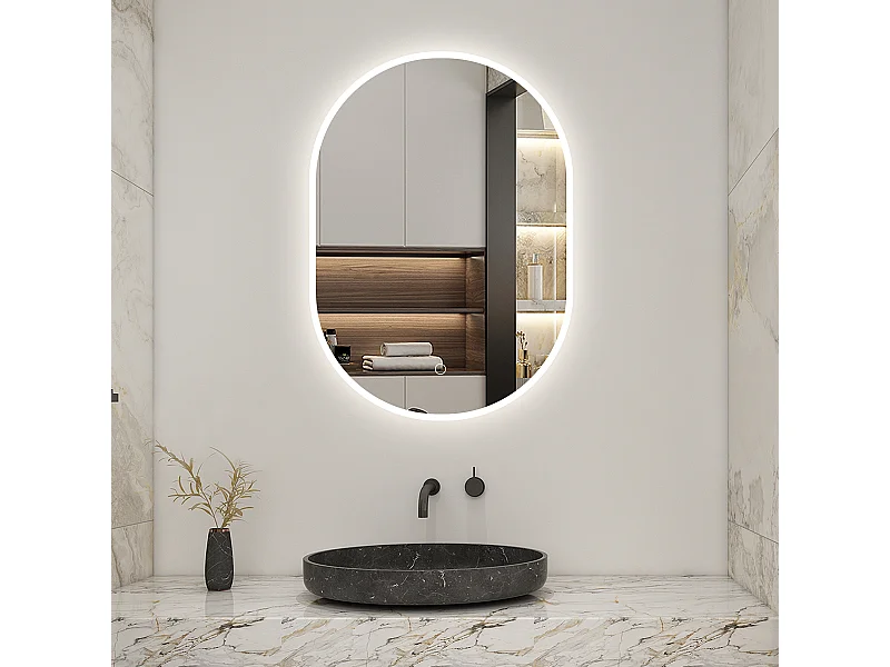 AICA Miroir Ovale LED 50x70cm Tricolore + Dimmable + Mémoire + Anti-Buée, IP44 HD Verre Miroir-Mural
