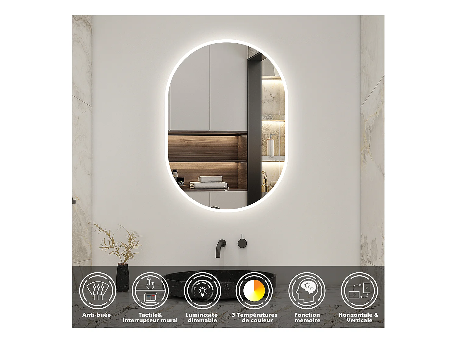 AICA Miroir Ovale LED 50x70cm Tricolore + Dimmable + Mémoire + Anti-Buée, IP44 HD Verre Miroir-Mural