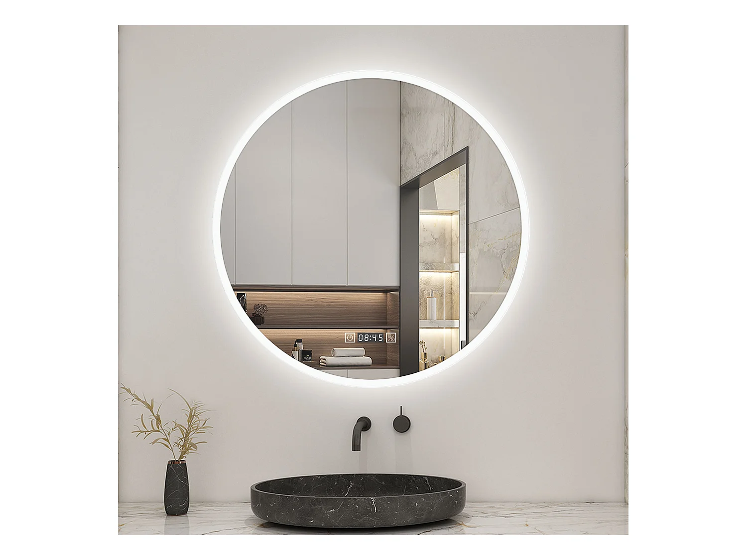 AICA Miroir LED Rond 70cm Tricolore + Dimmable + Horloge + Fonction Mémoire + Anti-Buée