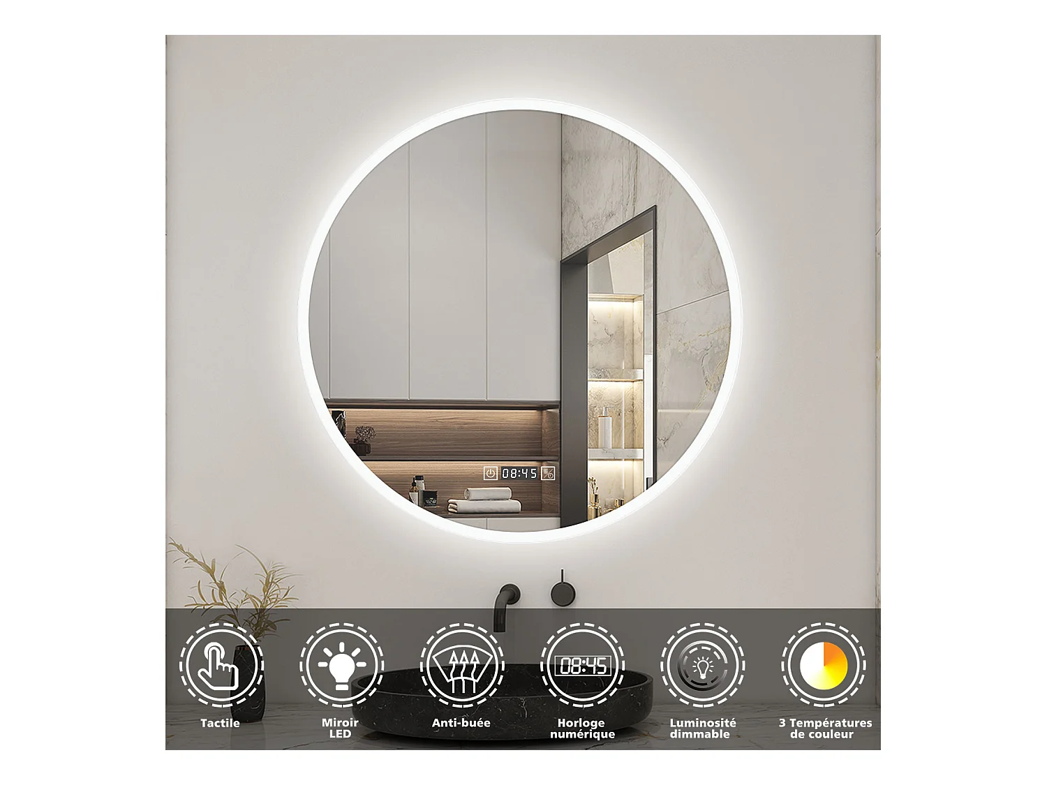 AICA Miroir LED Rond 70cm Tricolore + Dimmable + Horloge + Fonction Mémoire + Anti-Buée
