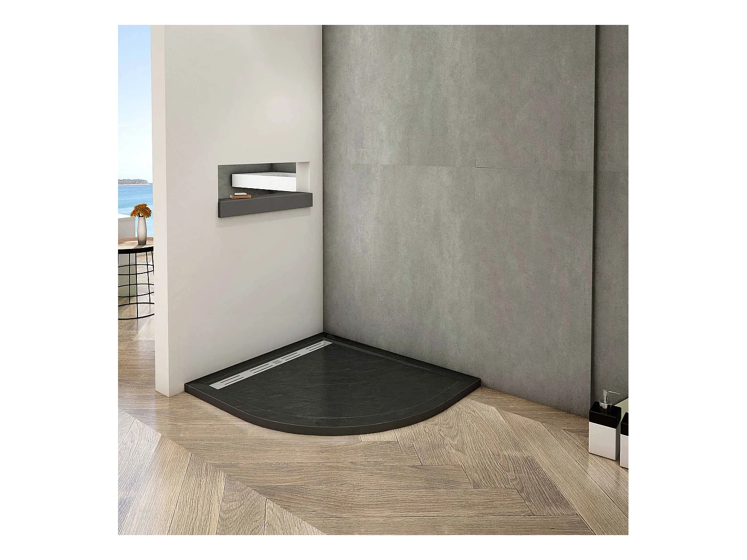 Piatto Doccia Semicircolare 90x90x3cm in Pietra Vulcanica e Resina Mista Finitura Pietra  Nera Ruvida Ultraslim 3 cm Antiscivolo Antibatterico