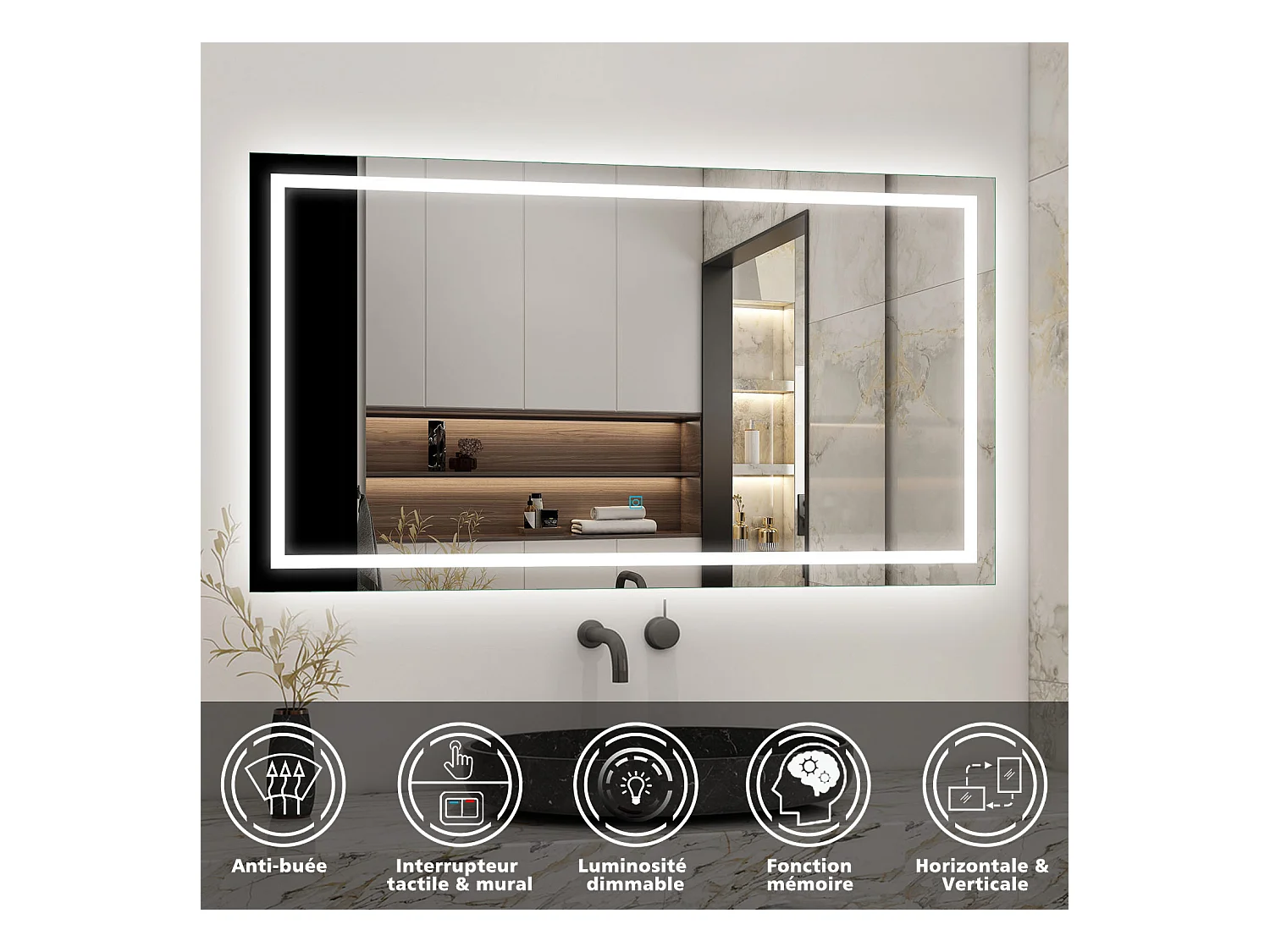 AICA Miroir LED Anti-buée, avec éclairage 160 x 70cm Dimmable, Fonction Mémoire, IP44 HD Verre Miroir-Mural
