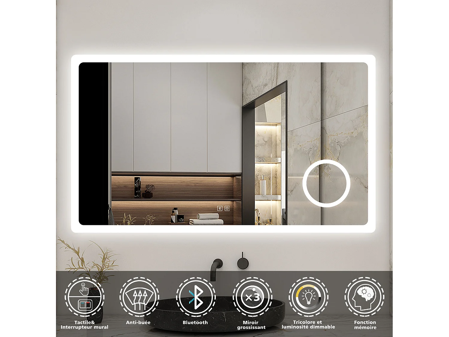 AICA Miroir 160x80cm Bluetooth simple，Loupe,Dimmable avec 3 couleurs,Miroir lumineux avec Anti-Buée et Mémoire