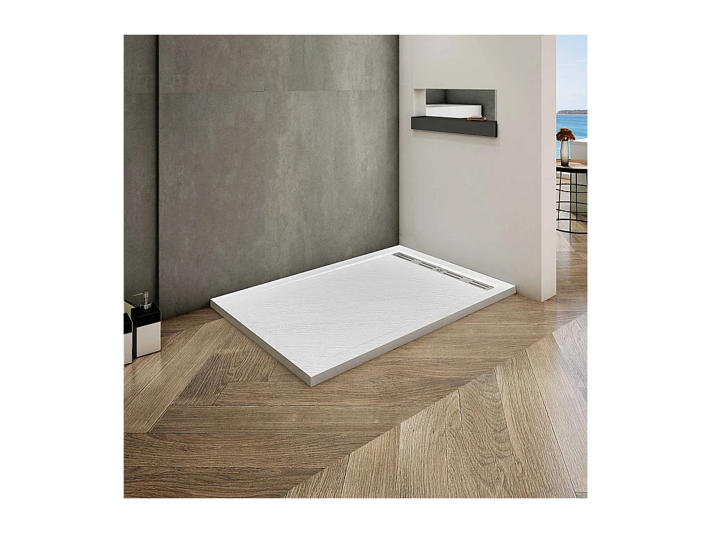 Piatto Doccia Rettangolare 70x100x3cm in Pietra Vulcanica e Resina Mista Finitura Pietra Bianca Ruvida Ultraslim 3 cm Antiscivolo Antibatterico