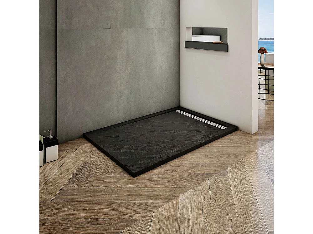 Piatto Doccia Rettangolare 90x110x3cm in Pietra Vulcanica e Resina Mista Finitura Pietra Nera Ruvida Ultraslim Antiscivolo Antibatterico