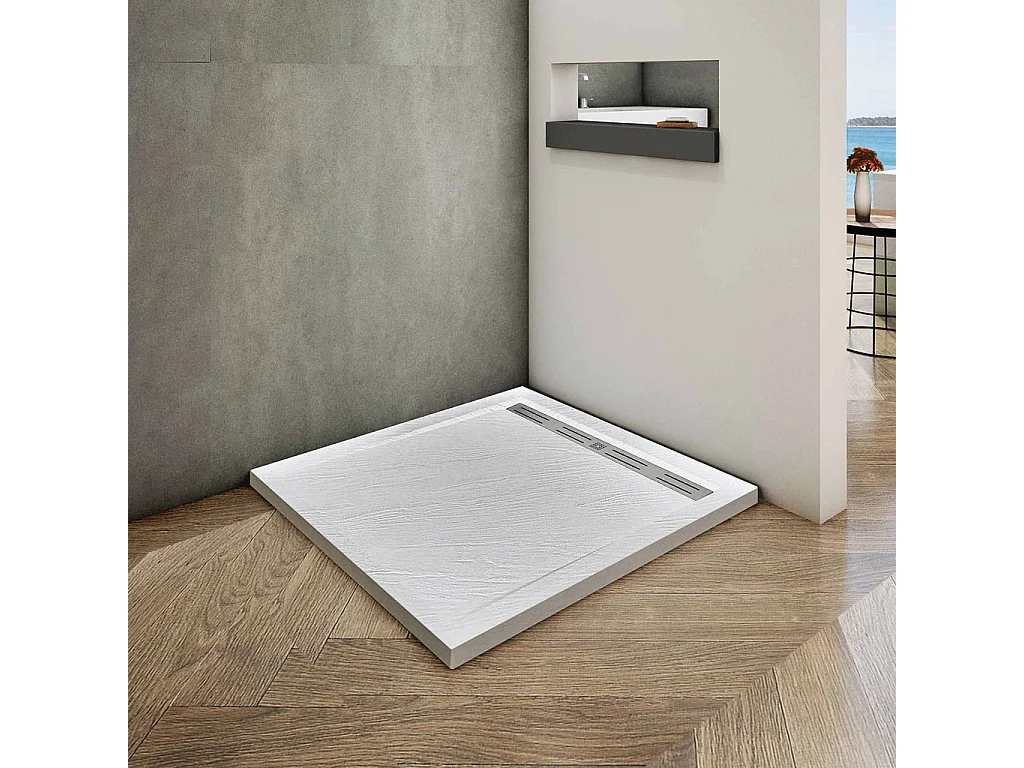 Piatto Doccia Quadrato 80x80x3cm in Pietra Vulcanica e Resina Mista Finitura Pietra Bianca Ruvida Ultraslim 3 cm Antiscivolo Antibatterico
