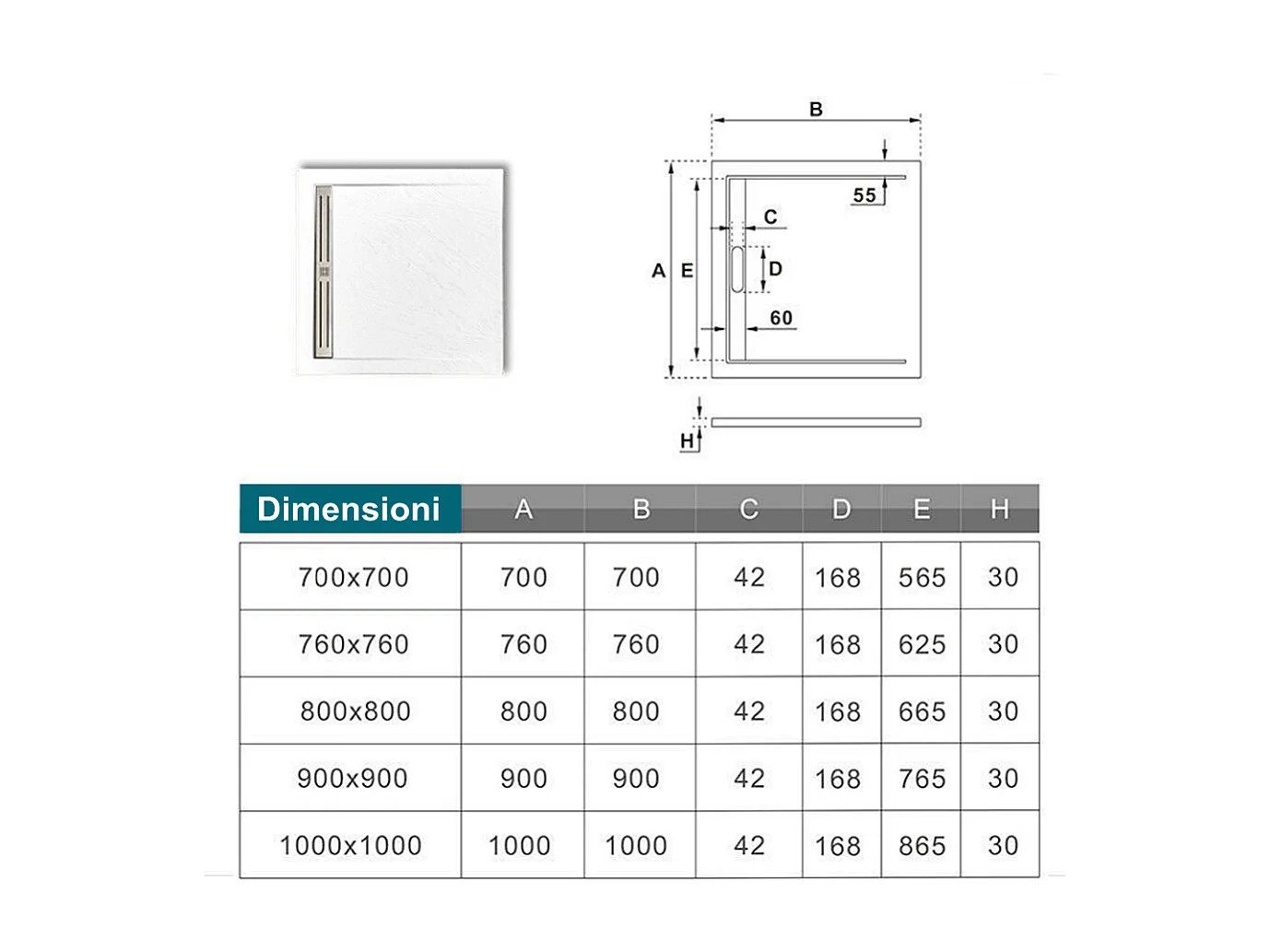 Piatto Doccia Quadrato 80x80x3cm in Pietra Vulcanica e Resina Mista Finitura Pietra Bianca Ruvida Ultraslim 3 cm Antiscivolo Antibatterico