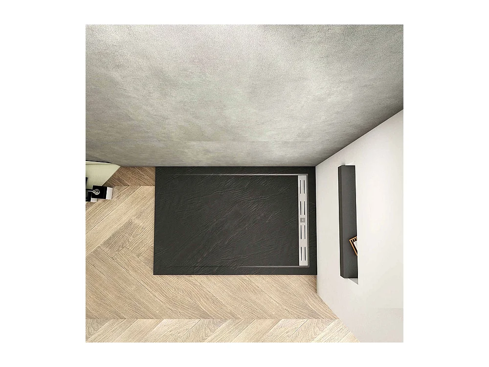 Piatto Doccia Rettangolare 90x100x3cm in Pietra Vulcanica e Resina Mista Finitura Pietra Nera Ruvida Ultraslim Antiscivolo Antibatterico