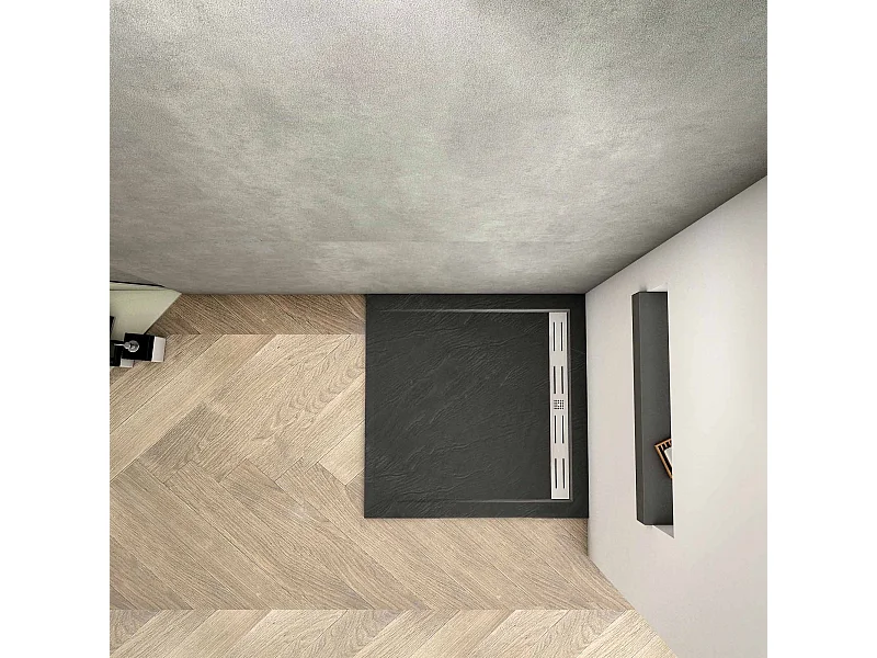 Piatto Doccia Quadrato 90x90x3cm in Pietra Vulcanica e Resina Mista Finitura Pietra Nera Ruvida Ultraslim Antiscivolo Antibatterico