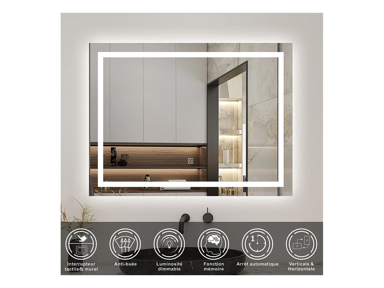 AICA Miroir LED Anti-buée, avec éclairage 80 x 60cm Dimmable, Fonction Mémoire, IP44 HD Verre Miroir-Mural