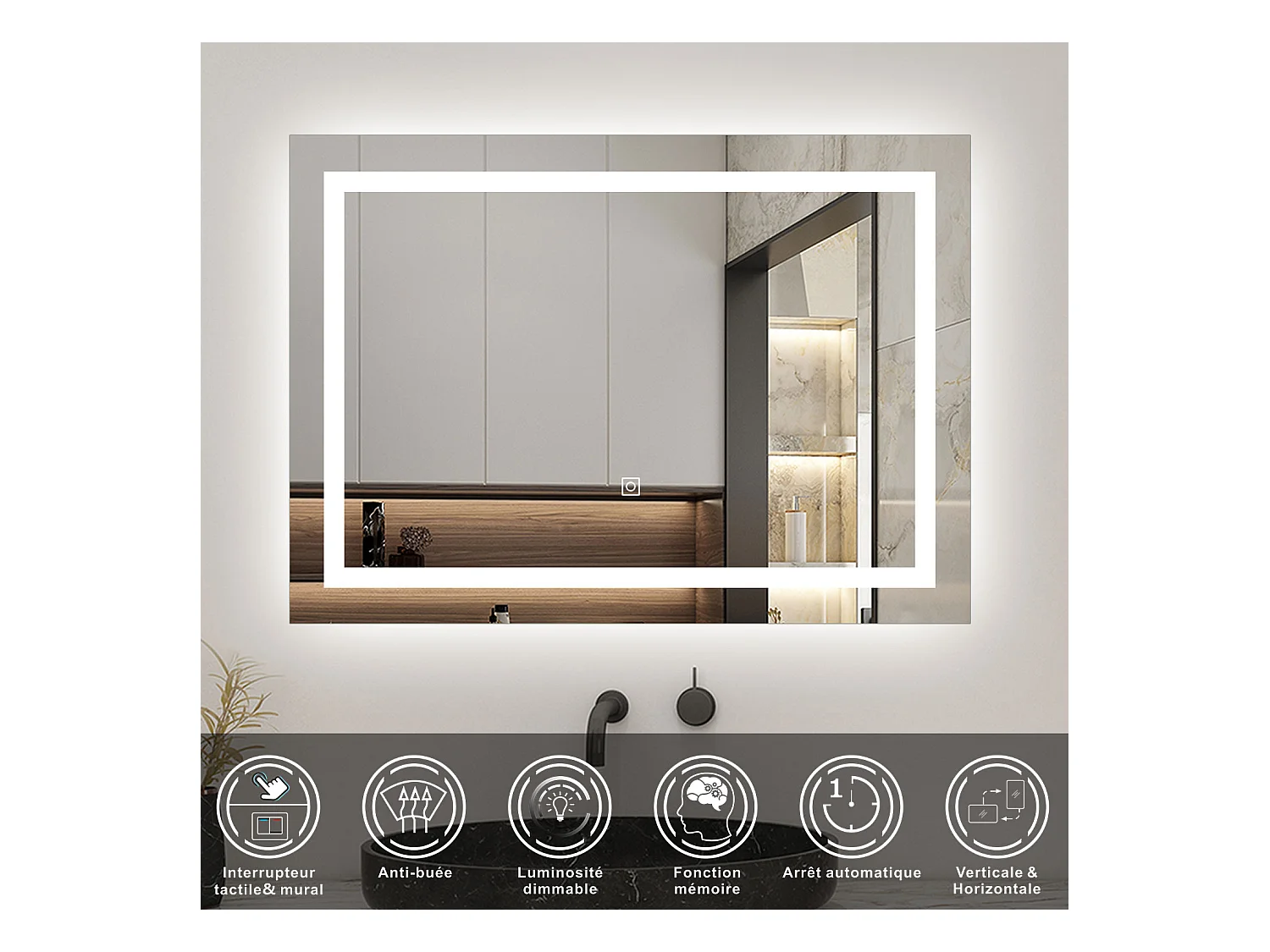AICA Miroir LED Anti-buée, avec éclairage 70 x 50cm Dimmable, Fonction Mémoire, IP44 HD Verre Miroir-Mural