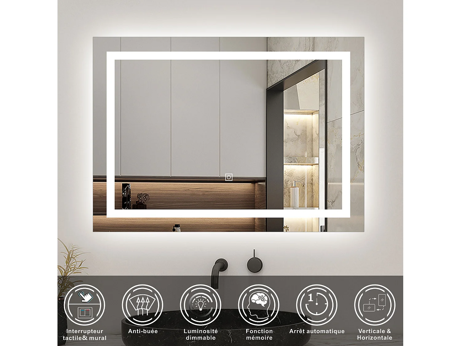 AICA Miroir LED Anti-buée, avec éclairage 70 x 50cm Dimmable, Fonction Mémoire, IP44 HD Verre Miroir-Mural