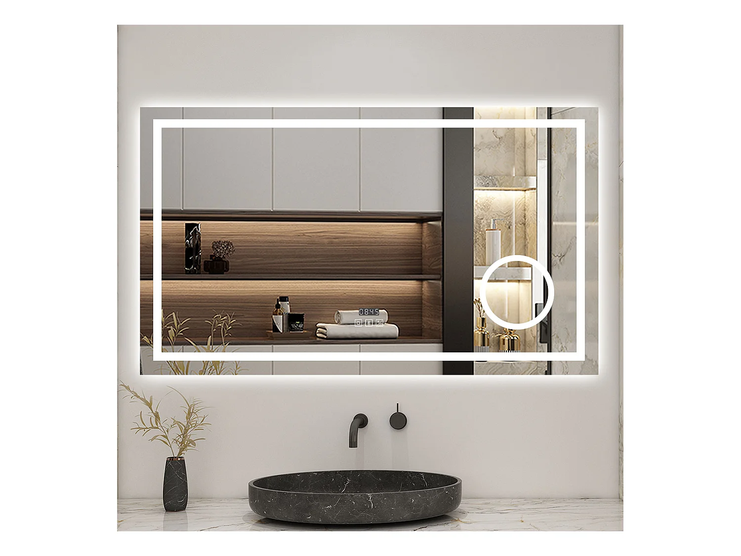 AICA Miroir 120x70cm LED Tricolore + Dimmable + 3x Loupe + Bluetooth + Horloge + Mémoire + Anti-Buée