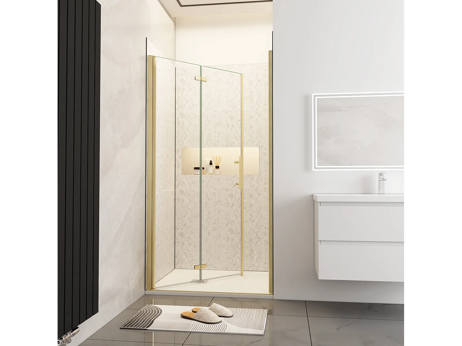 Douchedeur vouwdeur 90x195cm niche,6mm Helder Veiligheidsglas Easyclean,goud aluminium profiel