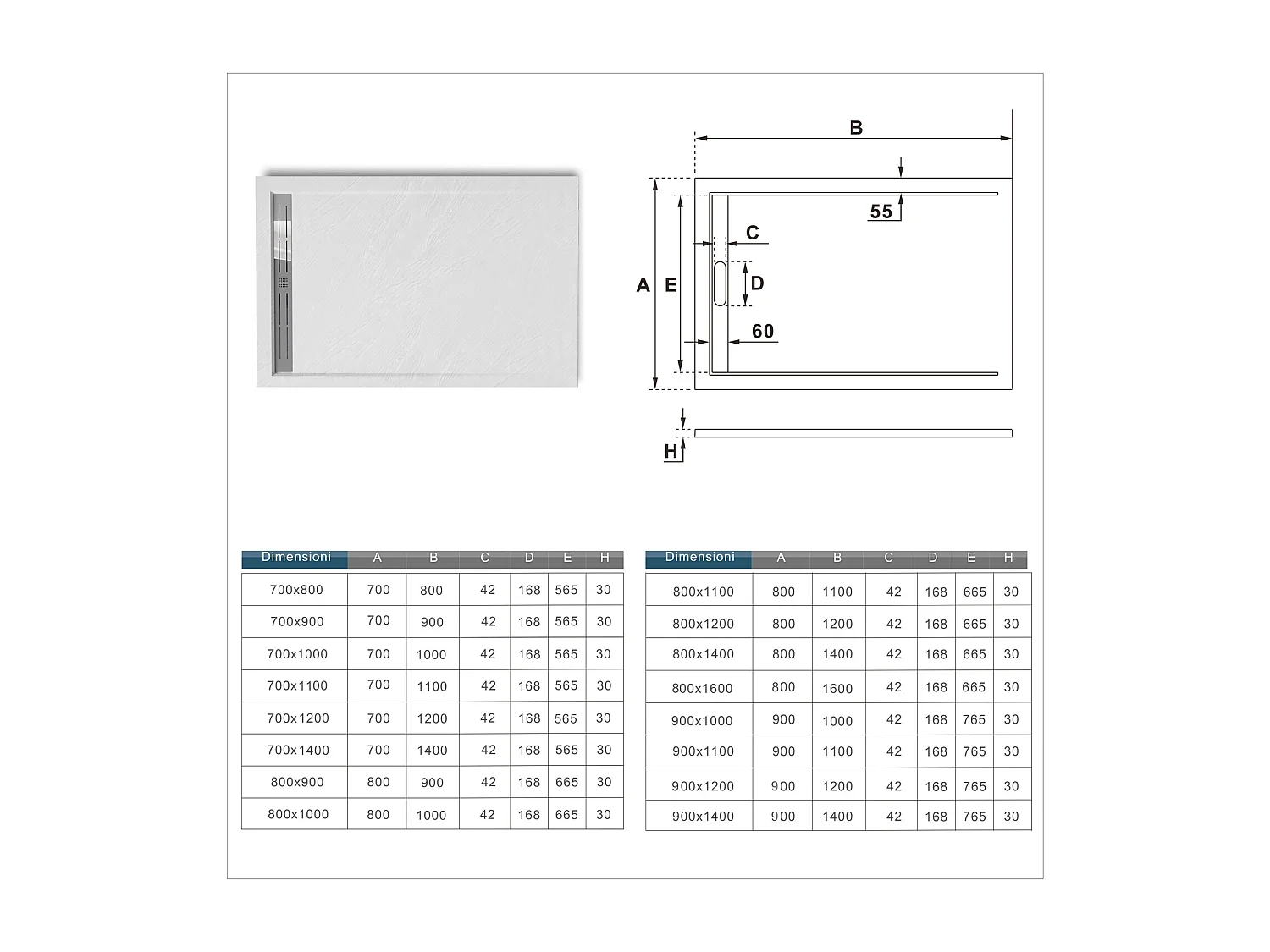 Piatto Doccia Rettangolare 80x120x3cm in Pietra Vulcanica e Resina Mista Finitura Pietra Bianca Ruvida Ultraslim 3 cm Antiscivolo Antibatterico