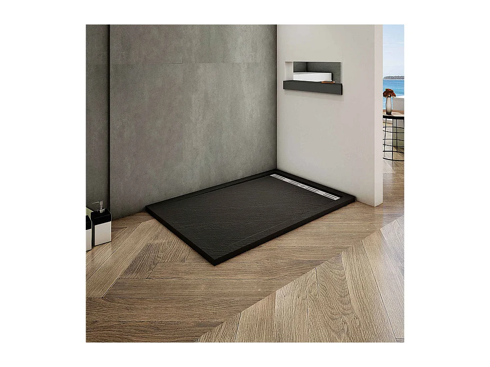 Piatto Doccia Rettangolare 90x120x3cm in Pietra Vulcanica e Resina Mista Finitura Pietra Nera Ruvida Ultraslim Antiscivolo Antibatterico