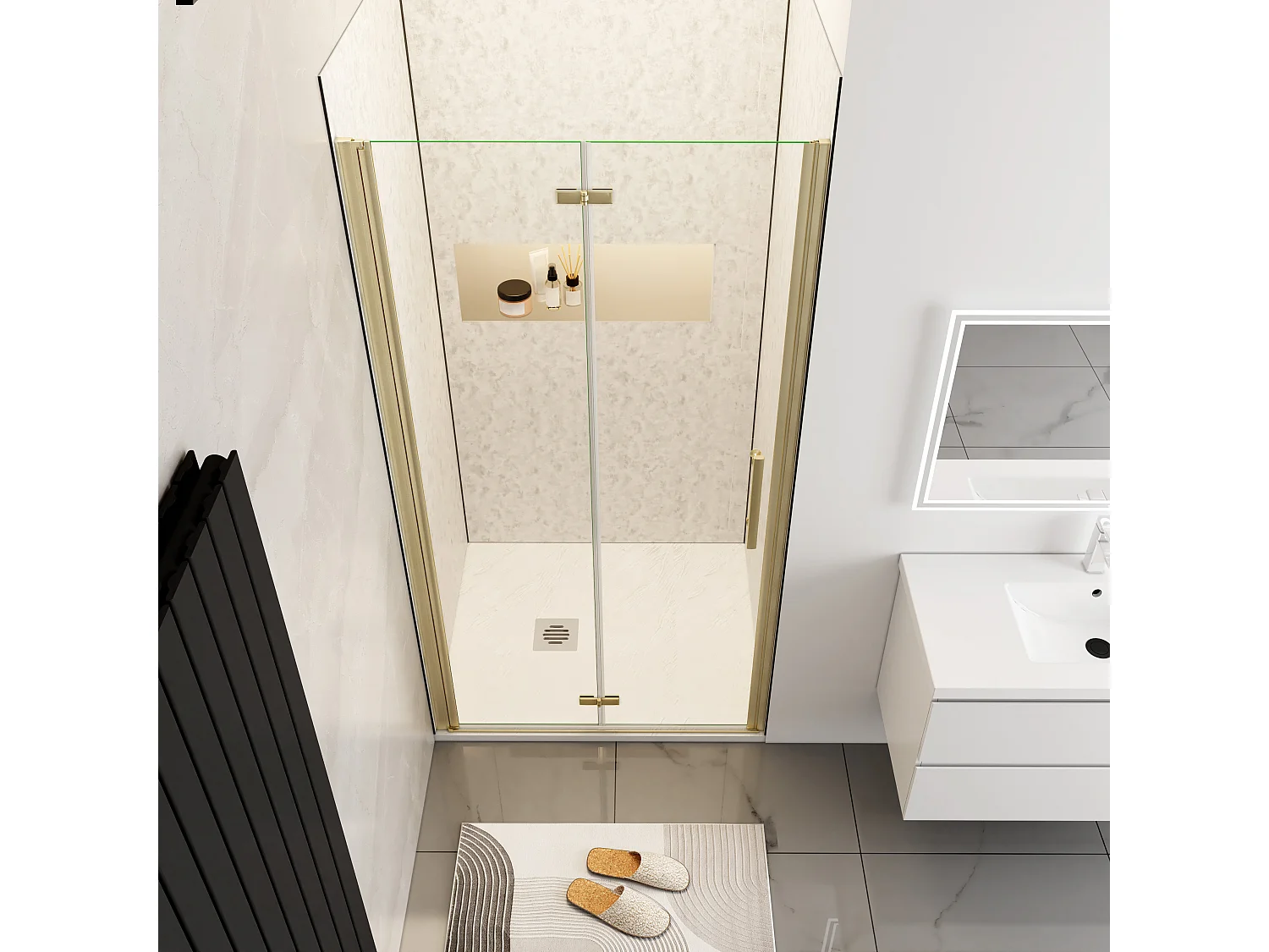 Douchedeur vouwdeur 110x195cm niche,6mm Helder Veiligheidsglas Easyclean,goud aluminium profiel