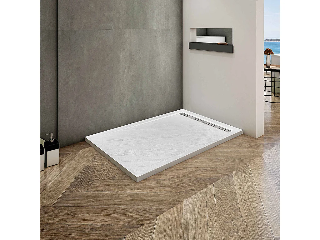Piatto Doccia Rettangolare 70x120x3cm in Pietra Vulcanica e Resina Mista Finitura Pietra Bianca Ruvida Ultraslim 3 cm Antiscivolo Antibatterico