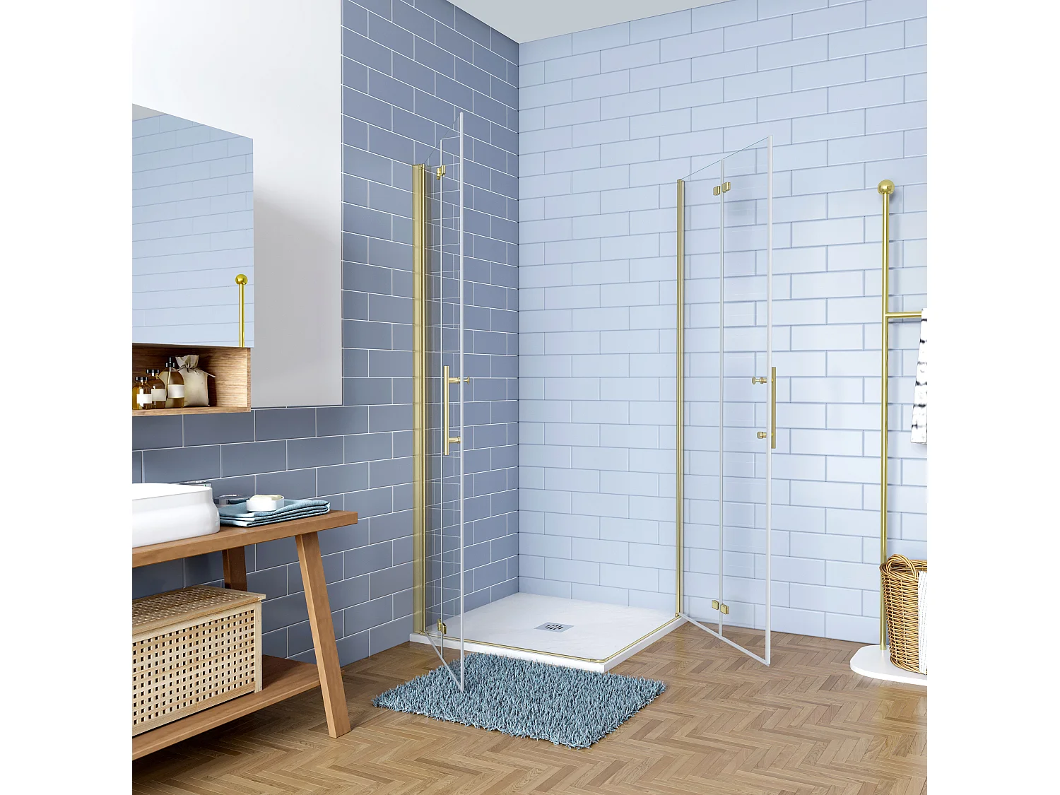 Douchecabine 90x100x195cm Opvouwbare 6mm NANO Easyclean veiligheidsglas goud aluminium profiel