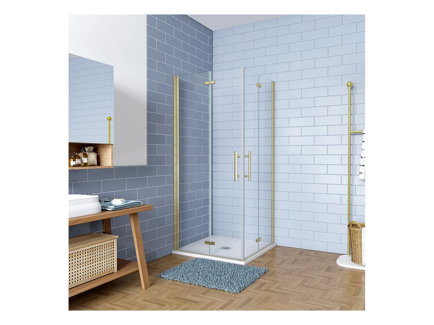 Douchecabine 70x100x195cm Opvouwbare 6mm NANO Easyclean veiligheidsglas goud aluminium profiel