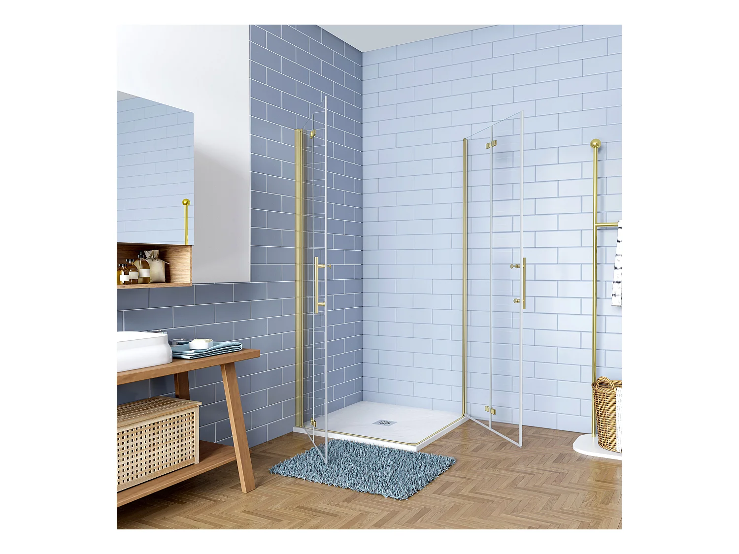 Douchecabine 70x100x195cm Opvouwbare 6mm NANO Easyclean veiligheidsglas goud aluminium profiel