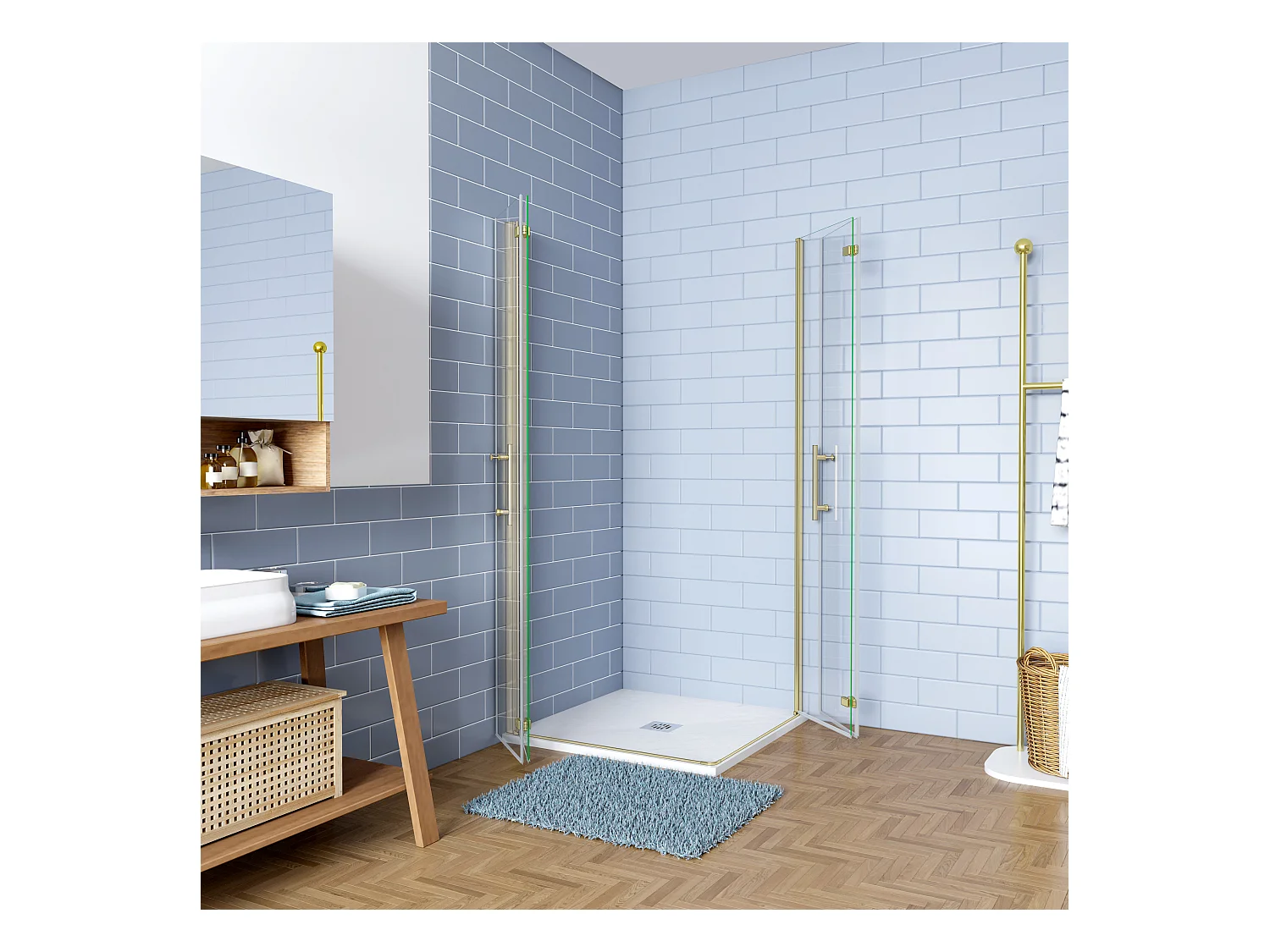 Douchecabine 70x100x195cm Opvouwbare 6mm NANO Easyclean veiligheidsglas goud aluminium profiel